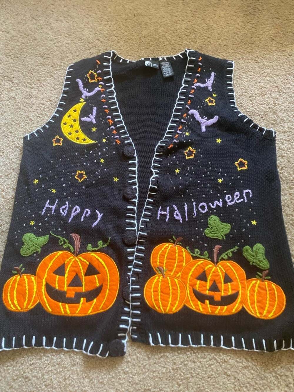 Vintage Halloween Sweater Vest M Holiday Editions Jack O Lantern Knit Grandma